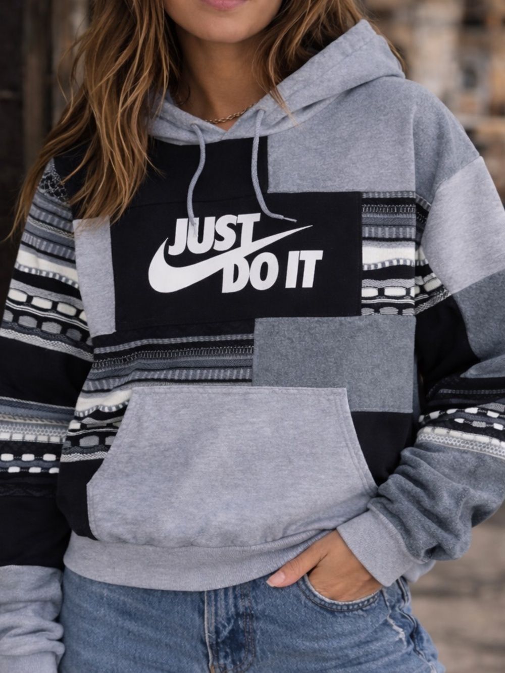Nike Upcycled Gray Knit Relaxed Fit Black & White Patchwork 'Just Do It' Hoodie